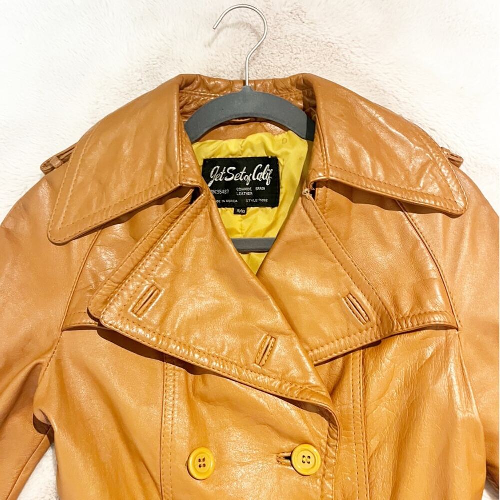 VINTAGE 1970s Jet Set of California Tan Cowhide Leather Trench Coat Belted - Picture 7 of 16